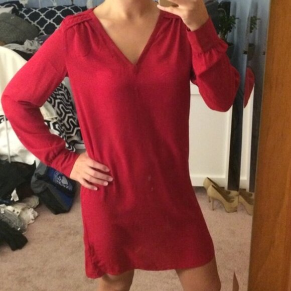 NEW NWT H&M Plus Size Red Pleated V-Neck Long Sleeve Shirt Dress Shift Dress 22 - Picture 2 of 16